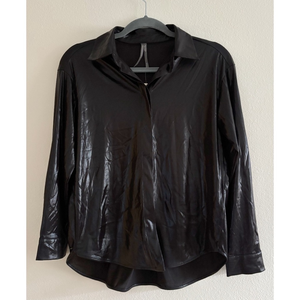 NWT Anthropologie Black Faux Leather Shine Button Down Blouse Small